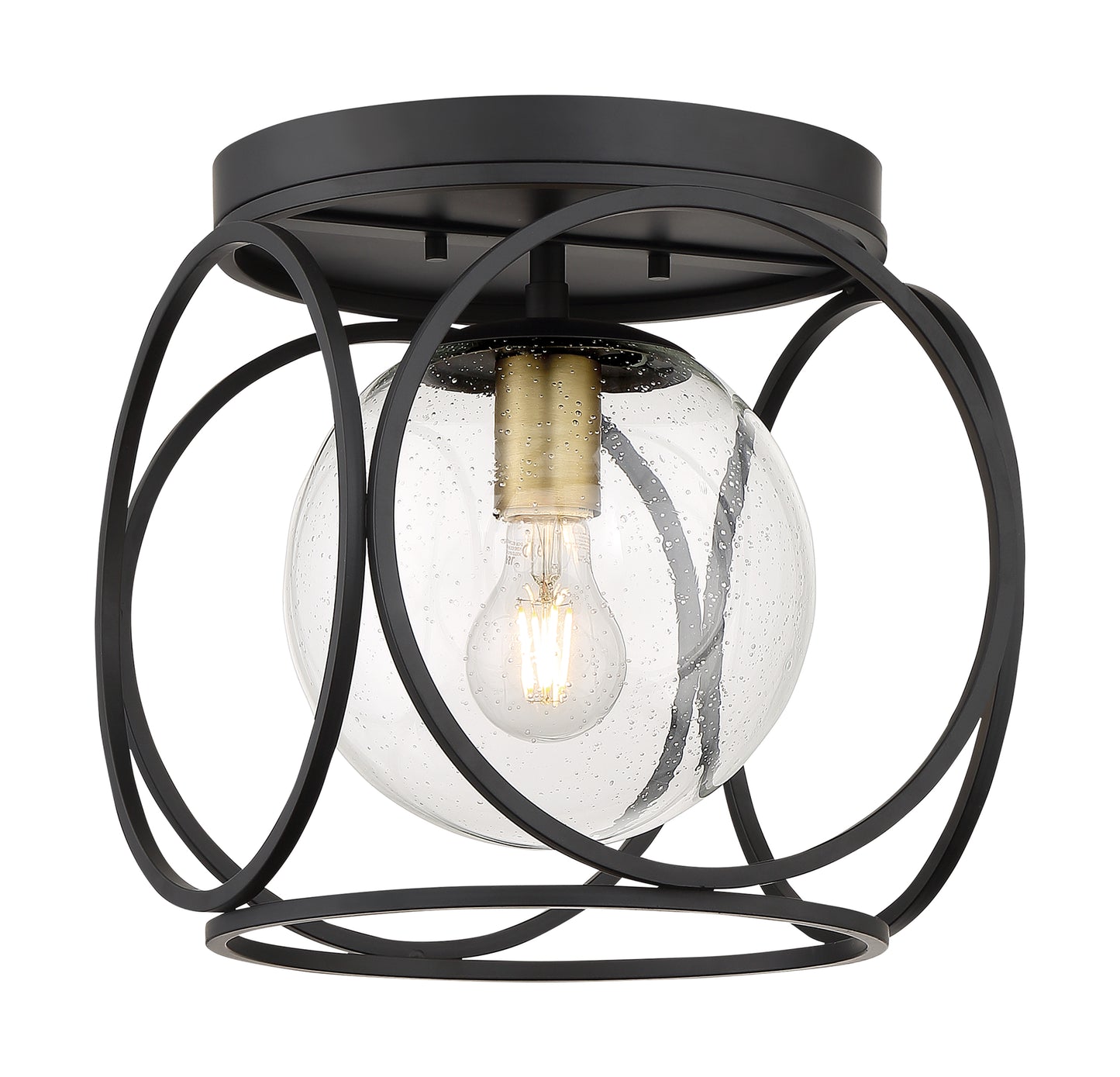 Aurora - 1 Light Flush Mount with Seeded Glass - Black and Vintage Brass Finish
