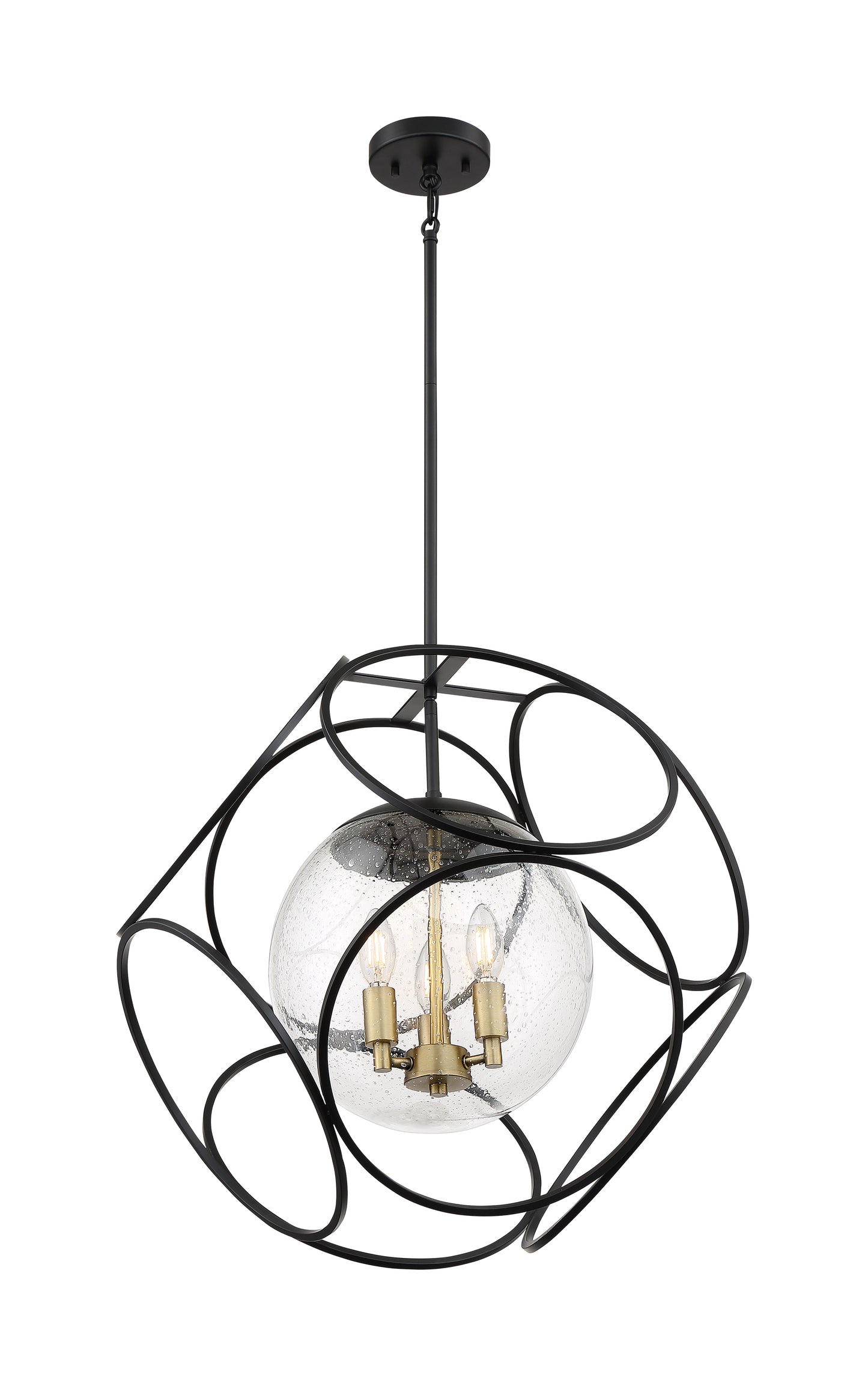 Aurora - 3 Light Pendant with Seeded Glass - Black and Vintage Brass Finish