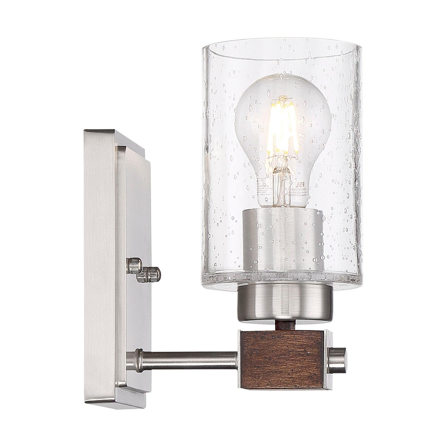 Arabel - 1 Light Vanity - with Clear Seeded Glass -Brushed Nickel and Nutmeg Wood Finish