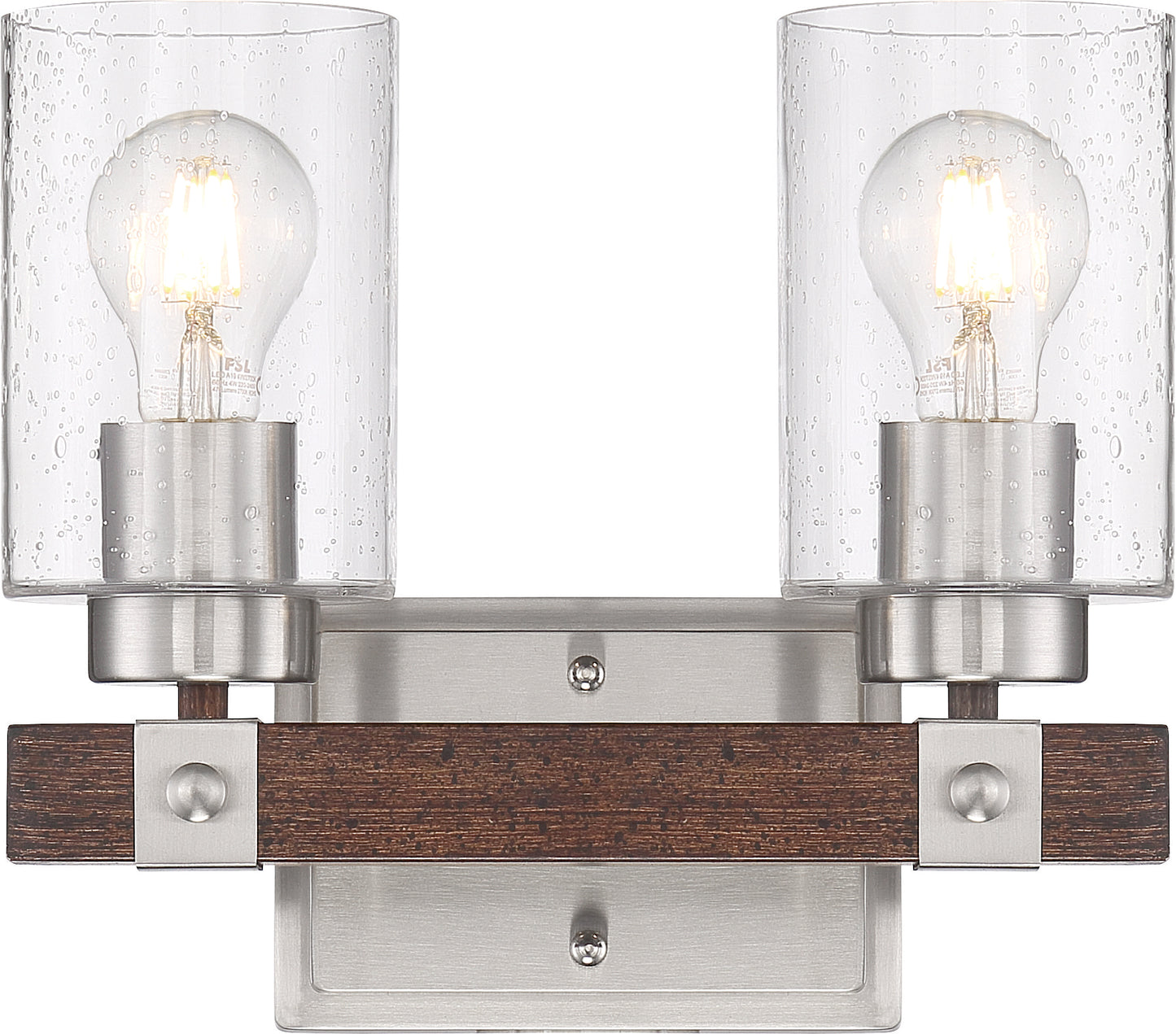 Arabel - 2 Light Vanity - with Clear Seeded Glass -Brushed Nickel and Nutmeg Wood Finish