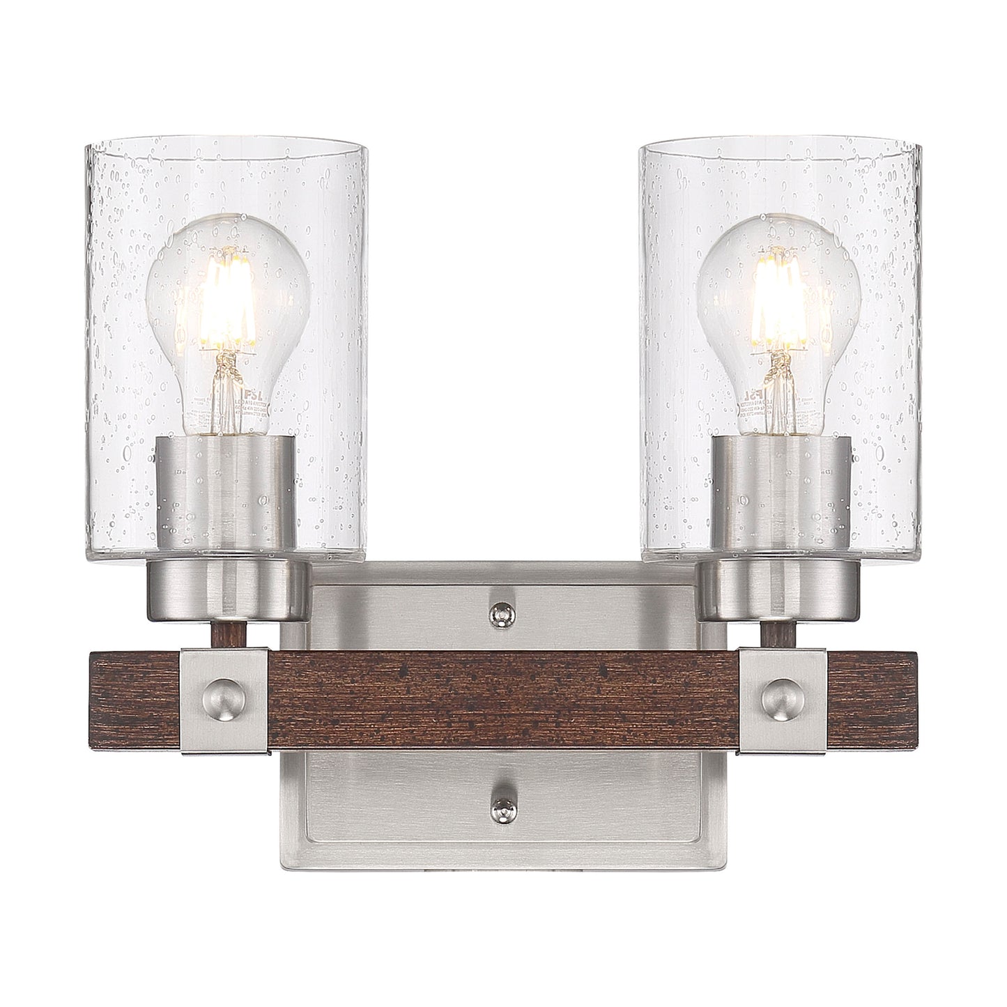 Arabel - 2 Light Vanity - with Clear Seeded Glass -Brushed Nickel and Nutmeg Wood Finish