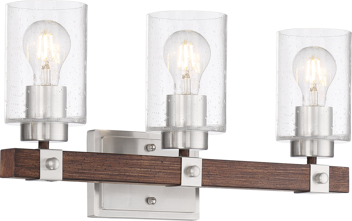 Arabel - 3 Light Vanity - with Clear Seeded Glass -Brushed Nickel and Nutmeg Wood Finish