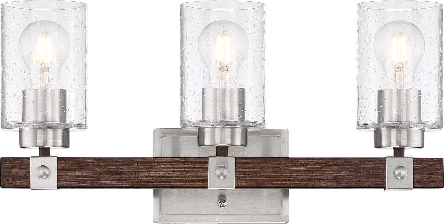 Arabel - 3 Light Vanity - with Clear Seeded Glass -Brushed Nickel and Nutmeg Wood Finish