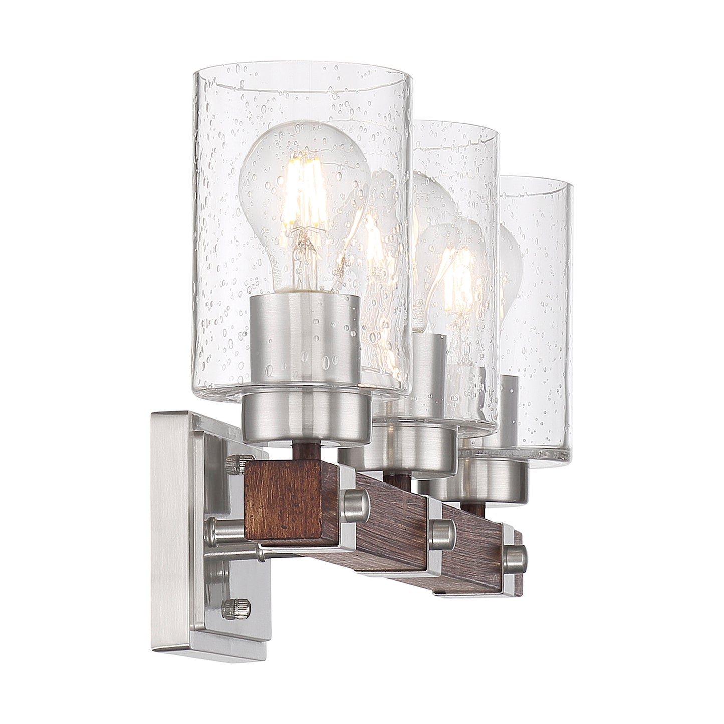 Arabel - 3 Light Vanity - with Clear Seeded Glass -Brushed Nickel and Nutmeg Wood Finish