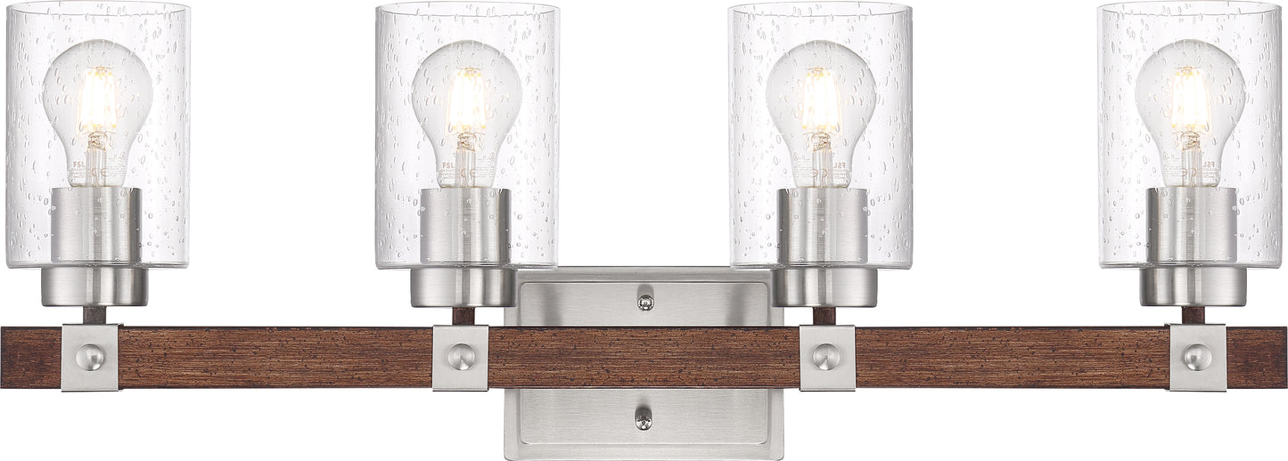 Arabel - 4 Light Vanity - with Clear Seeded Glass -Brushed Nickel and Nutmeg Wood Finish