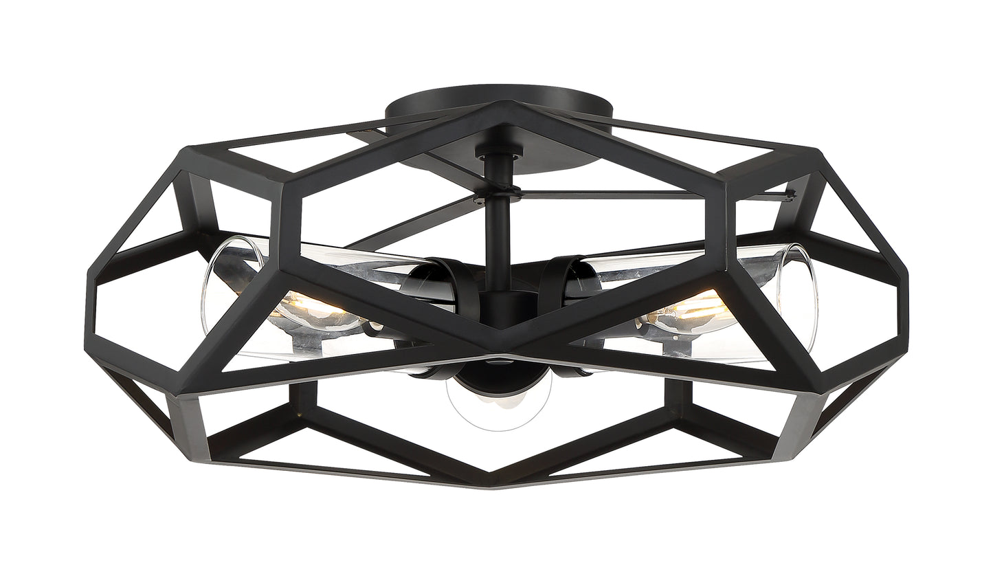Zemi - 3 Light Flush Mount with Clear Glass - Black Finish