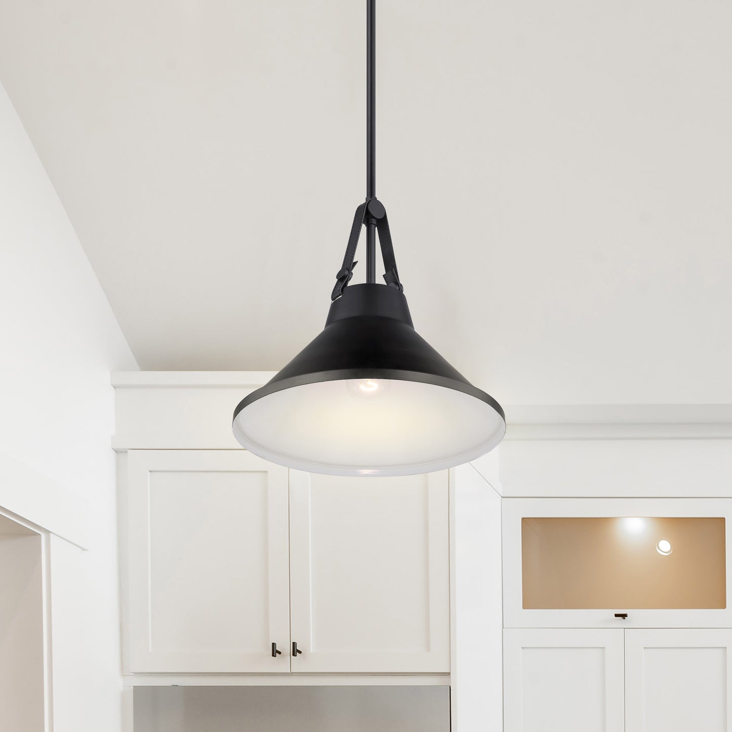 Zelda - 1 Light Pendant - 60W - Black Finish - Black Metal Shade - Faux Leather Straps
