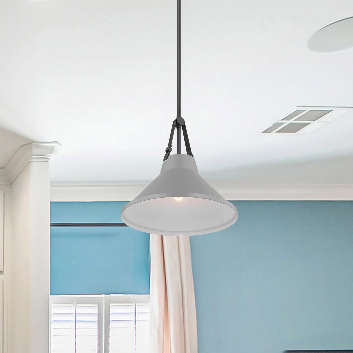 Zelda - 1 Light Pendant - 60W - Black Finish - Gray Metal Shade - Faux Leather Straps