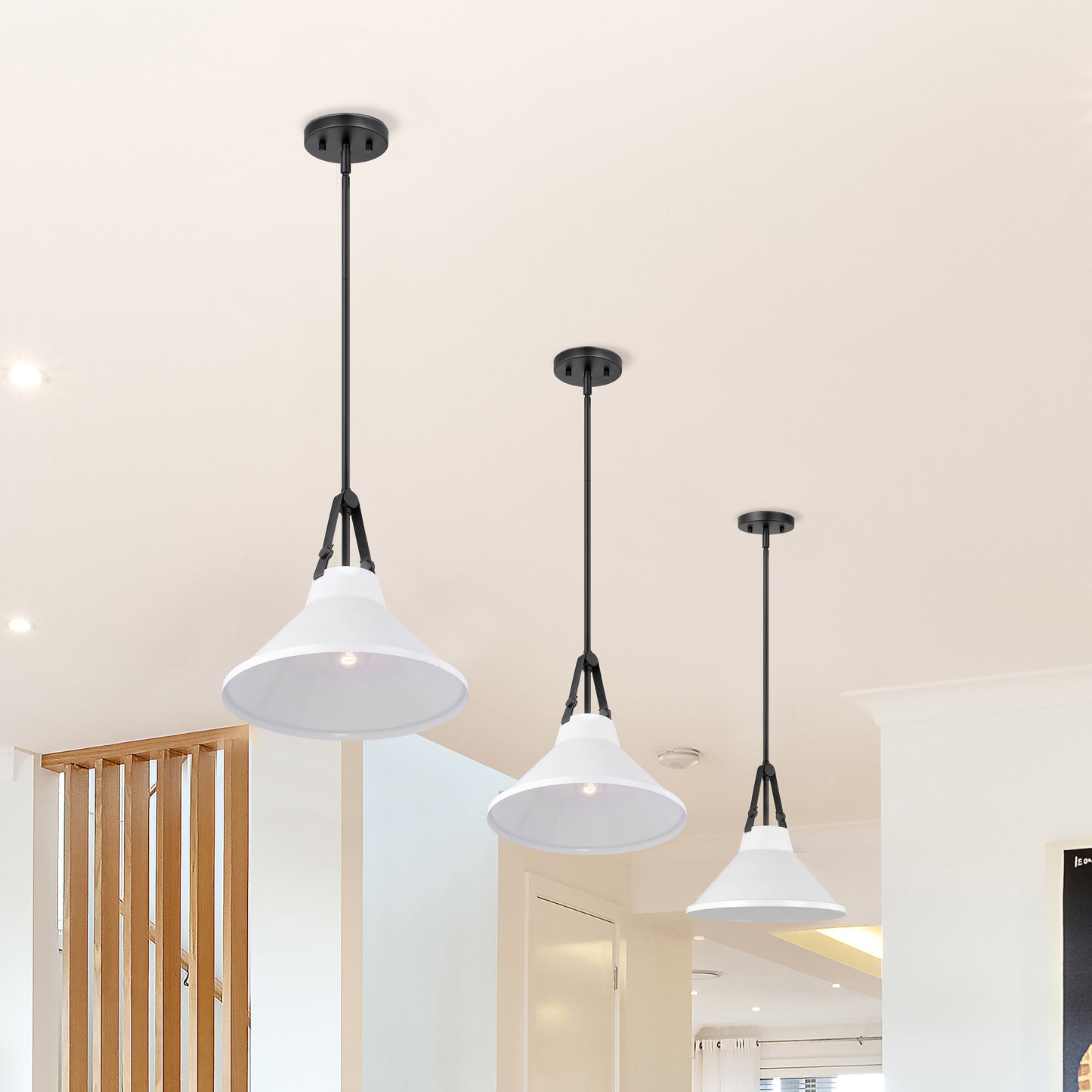 Zelda - 1 Light Pendant - 60W - Black Finish - White Metal Shade - Faux Leather Straps