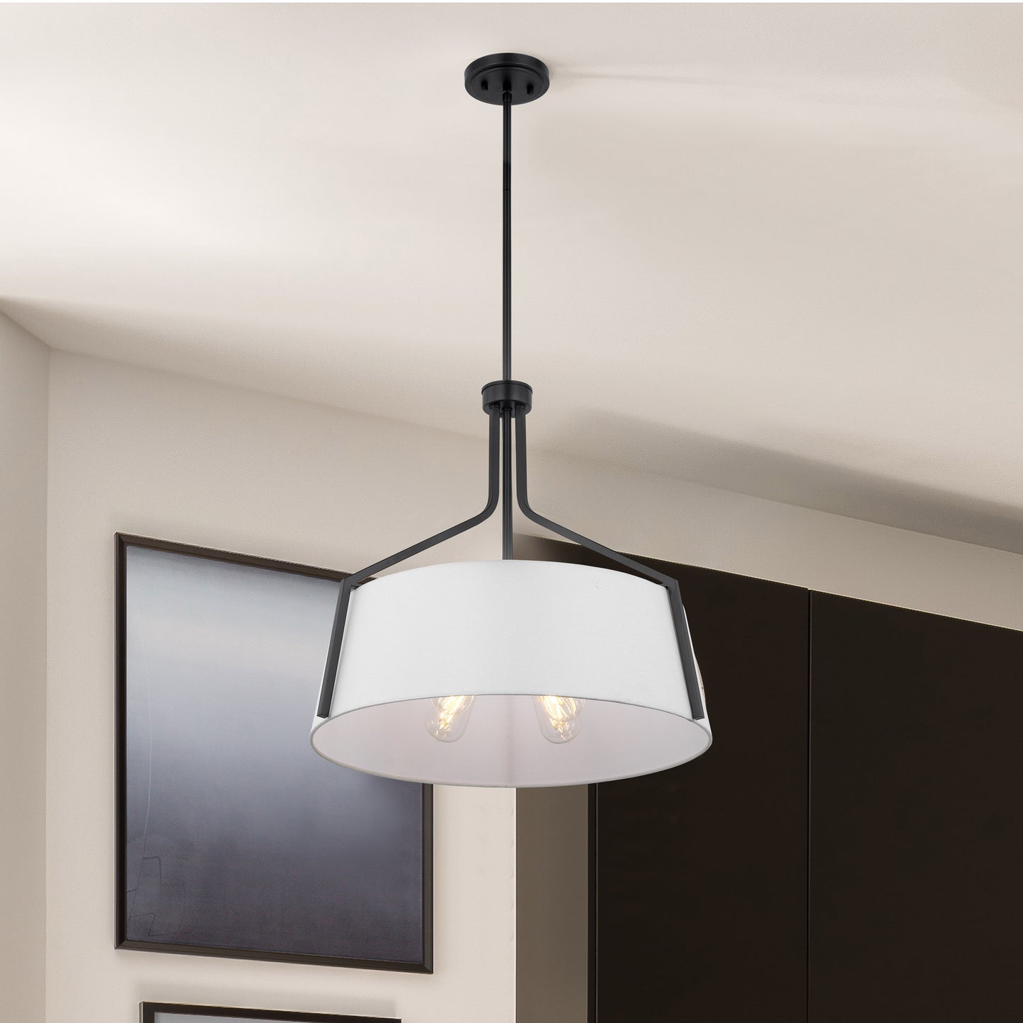 Livingston - 4 Light Pendant - 60W - Matte Black Finish - White Linen Fabric Shade