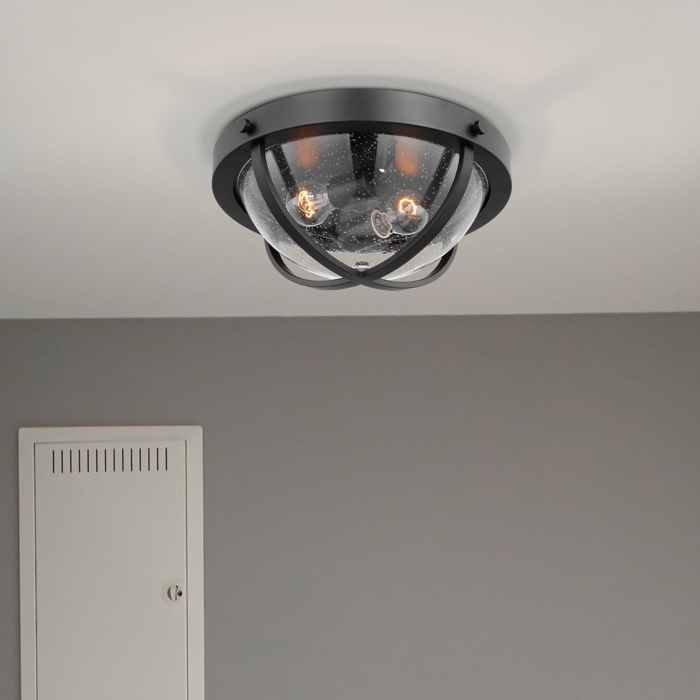 Lincoln - 2 Light Large Flush Mount - 60W - Matte Black - Clear Seeded Glass