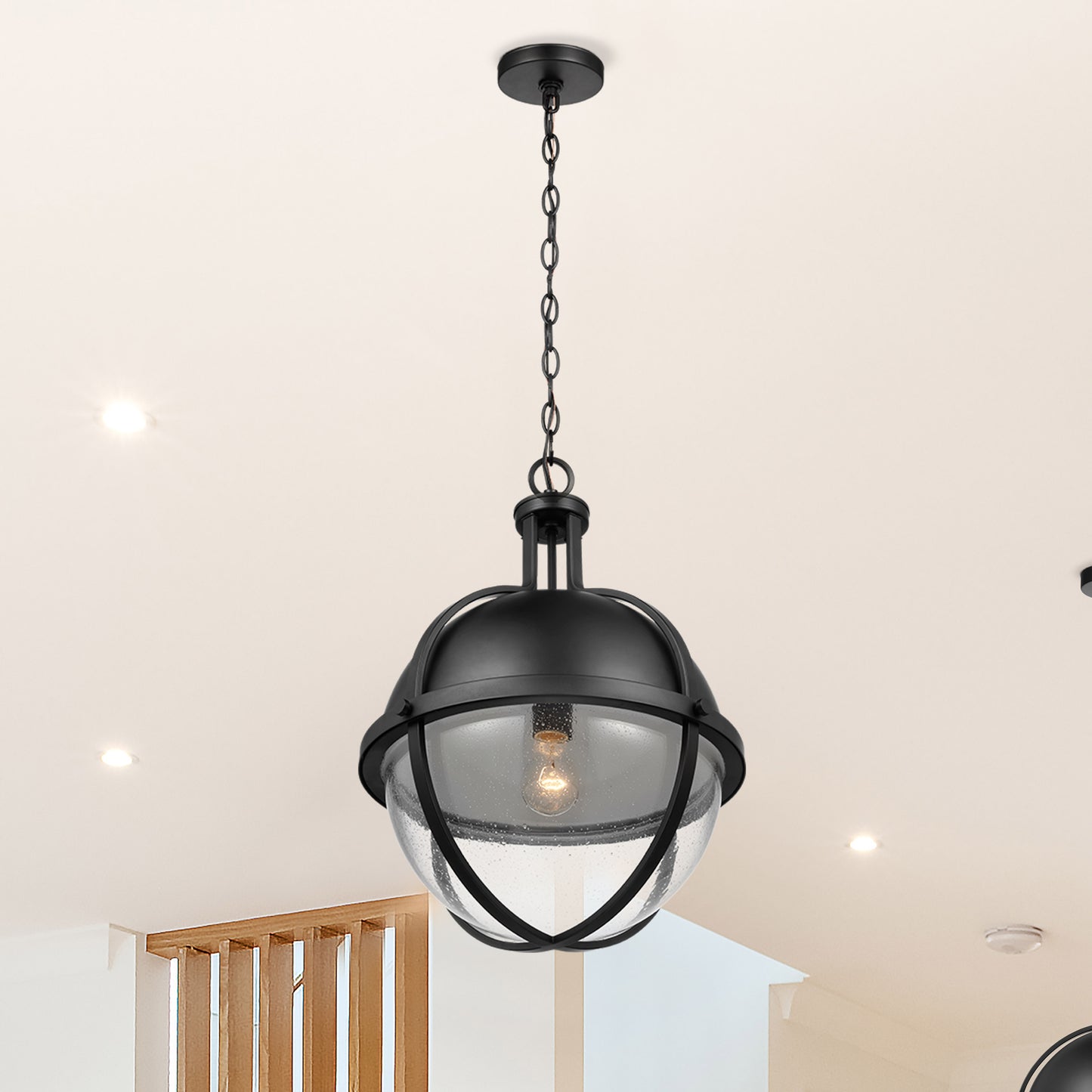 Lincoln - 1 Light Large Pendant - Medium Base - 60 Watt - Matte Black Finish - Clear Seeded Glass