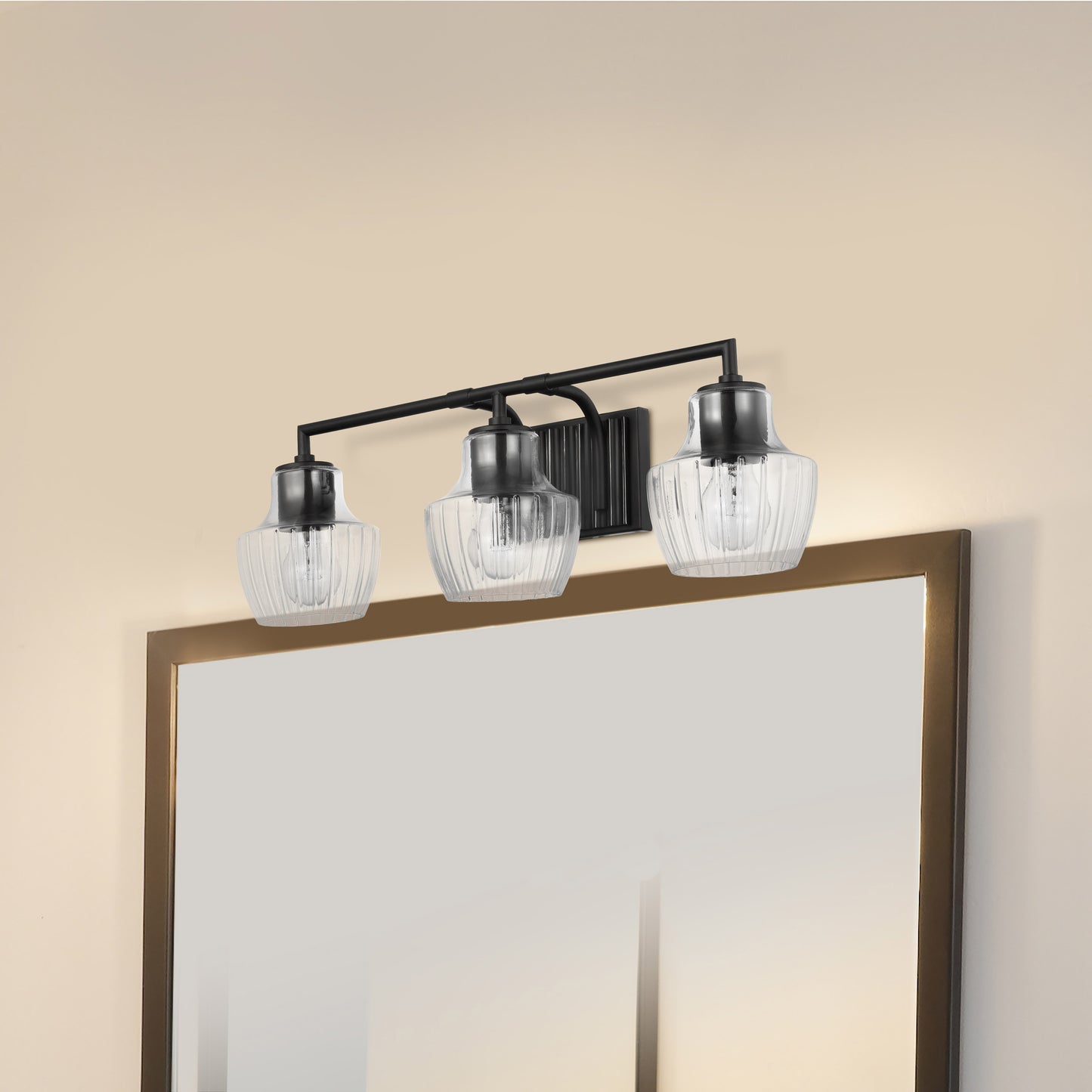 Destin - 3 Light Vanity - Medium Base - 60 Watt - Black And Silver Accent Finish - Clear Ribbed Glass