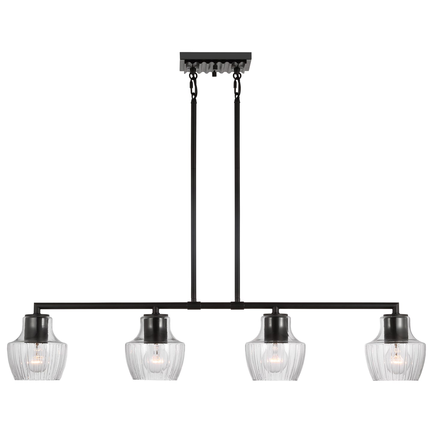 Destin - 4 Light Island Pendant - 60W - Black & Silver Accents - Clear Ribbed Glass