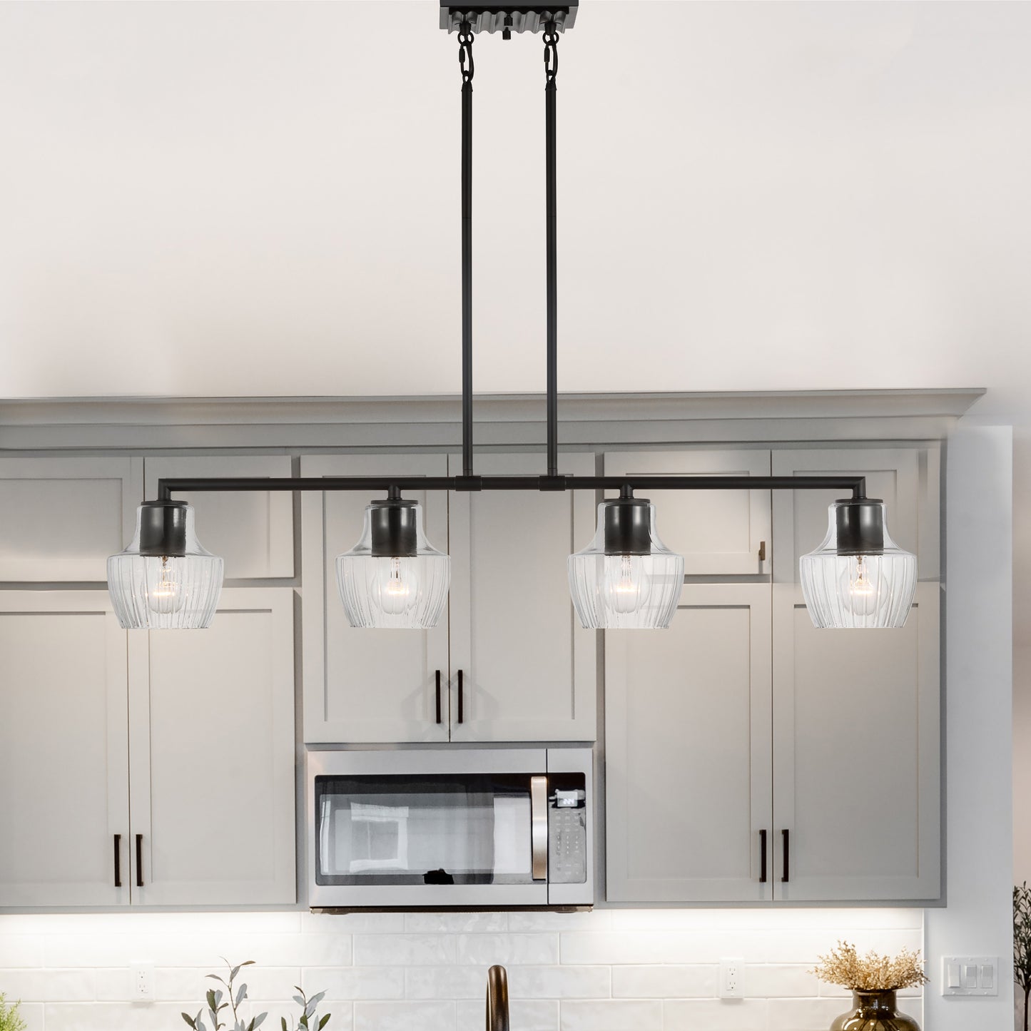 Destin - 4 Light Island Pendant - 60W - Black & Silver Accents - Clear Ribbed Glass
