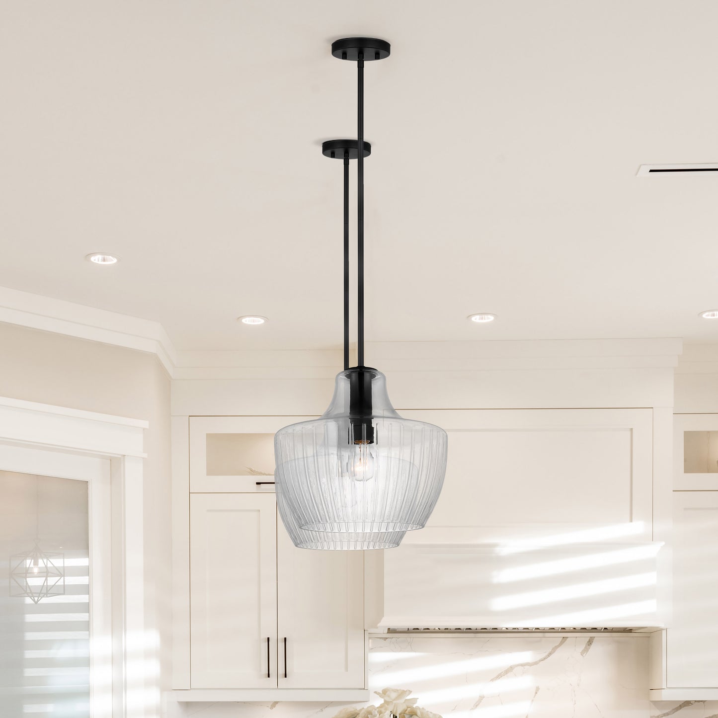 Destin - 1 Light Medium Pendant - Medium Base - Black And Silver Accent Finish - Clear Ribbed Glass