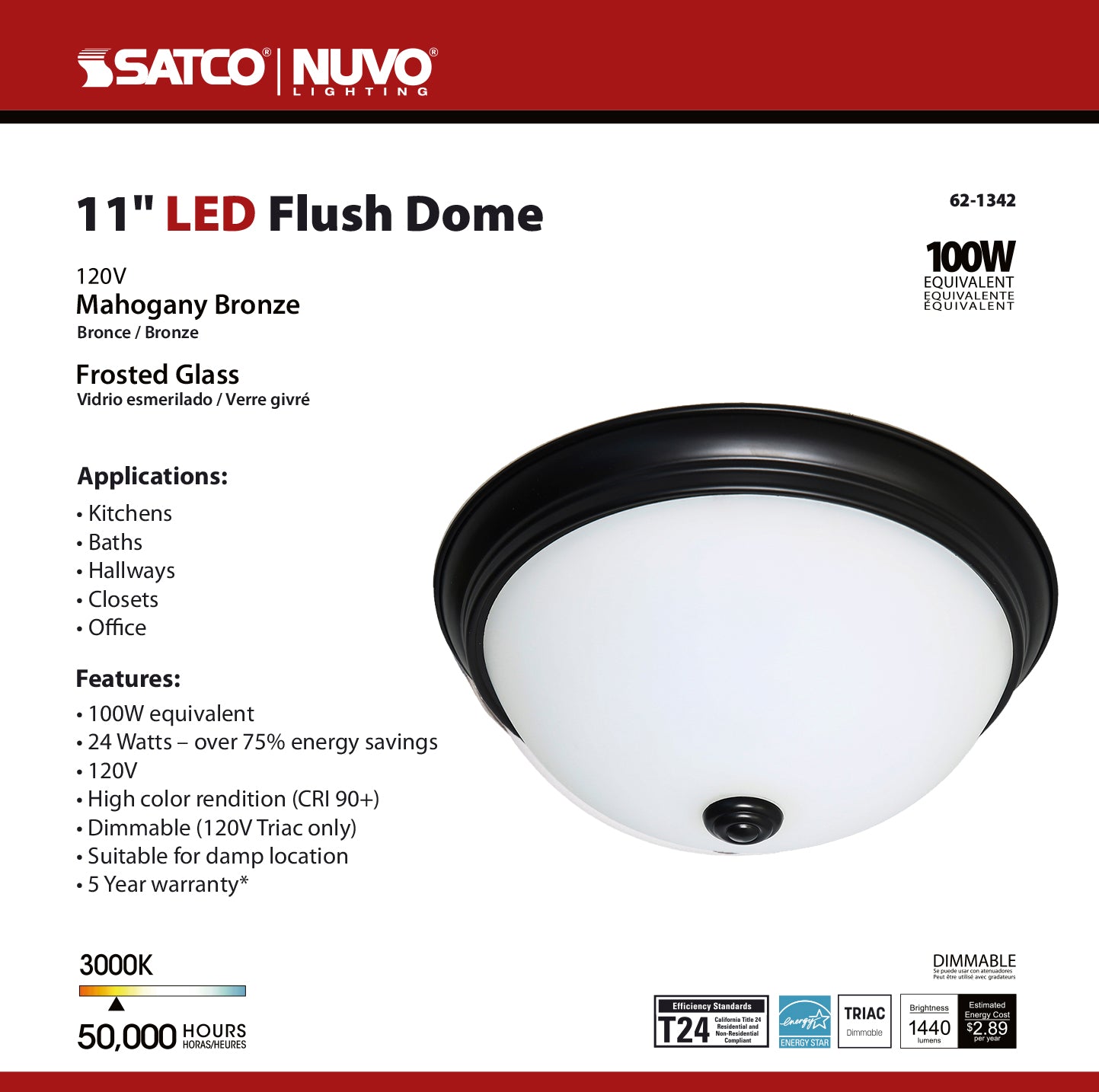 11" LED Flush Dome Fixture; Mahogany Bronze Finish with Frosted Glass