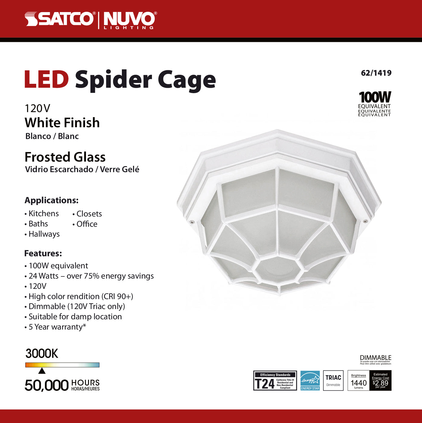 LED Spider Cage Fixture; White Finish with Frosted Glass