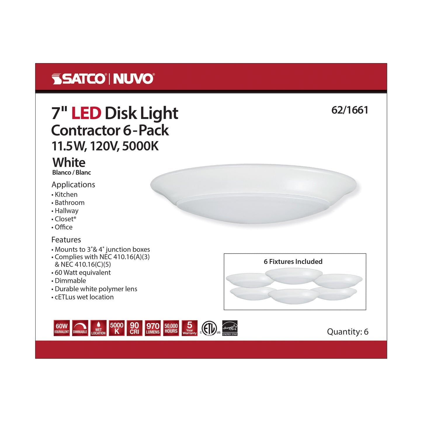 7" LED Disk Light; 5000K; 6 Unit Contractor Pack; White Finish