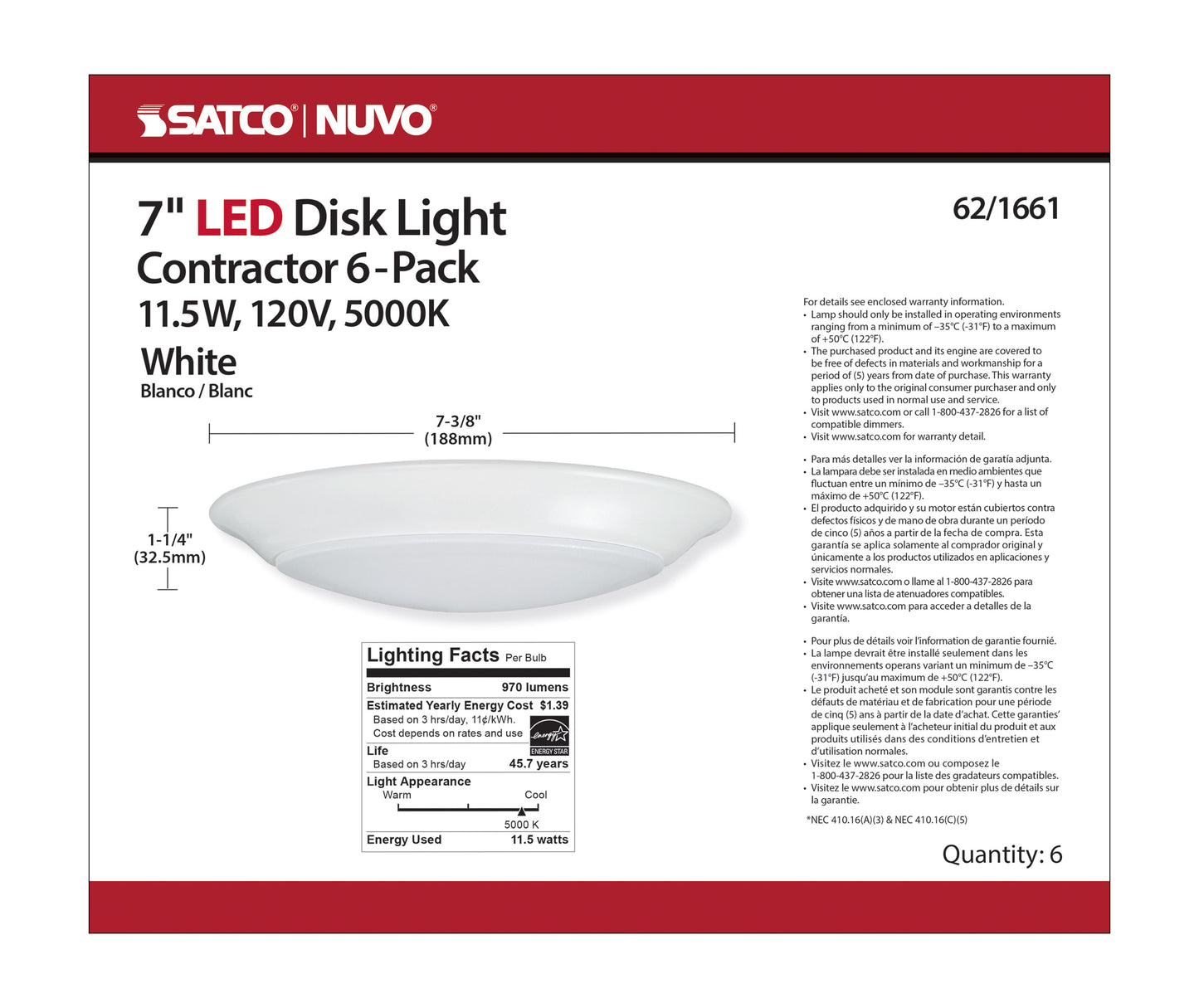 7" LED Disk Light; 5000K; 6 Unit Contractor Pack; White Finish