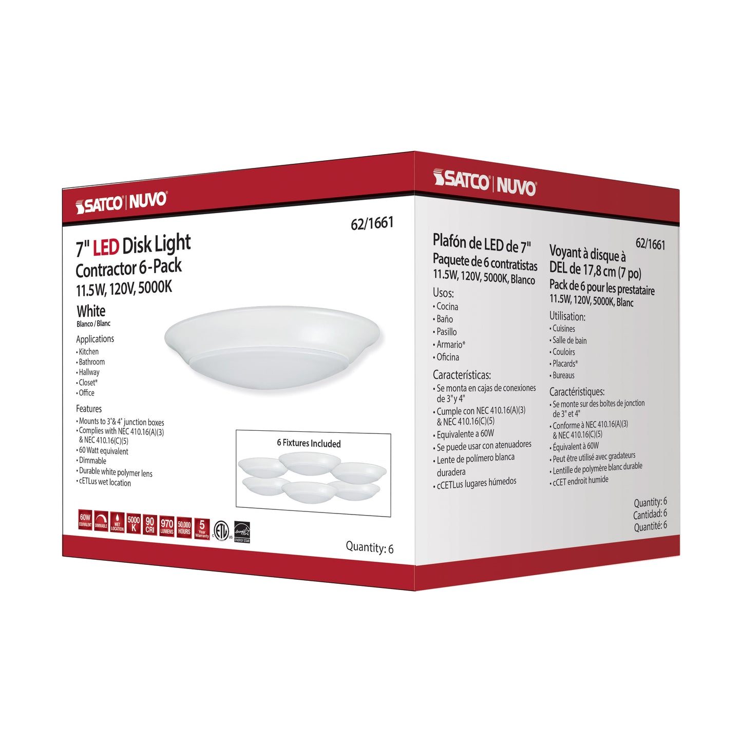 7" LED Disk Light; 5000K; 6 Unit Contractor Pack; White Finish
