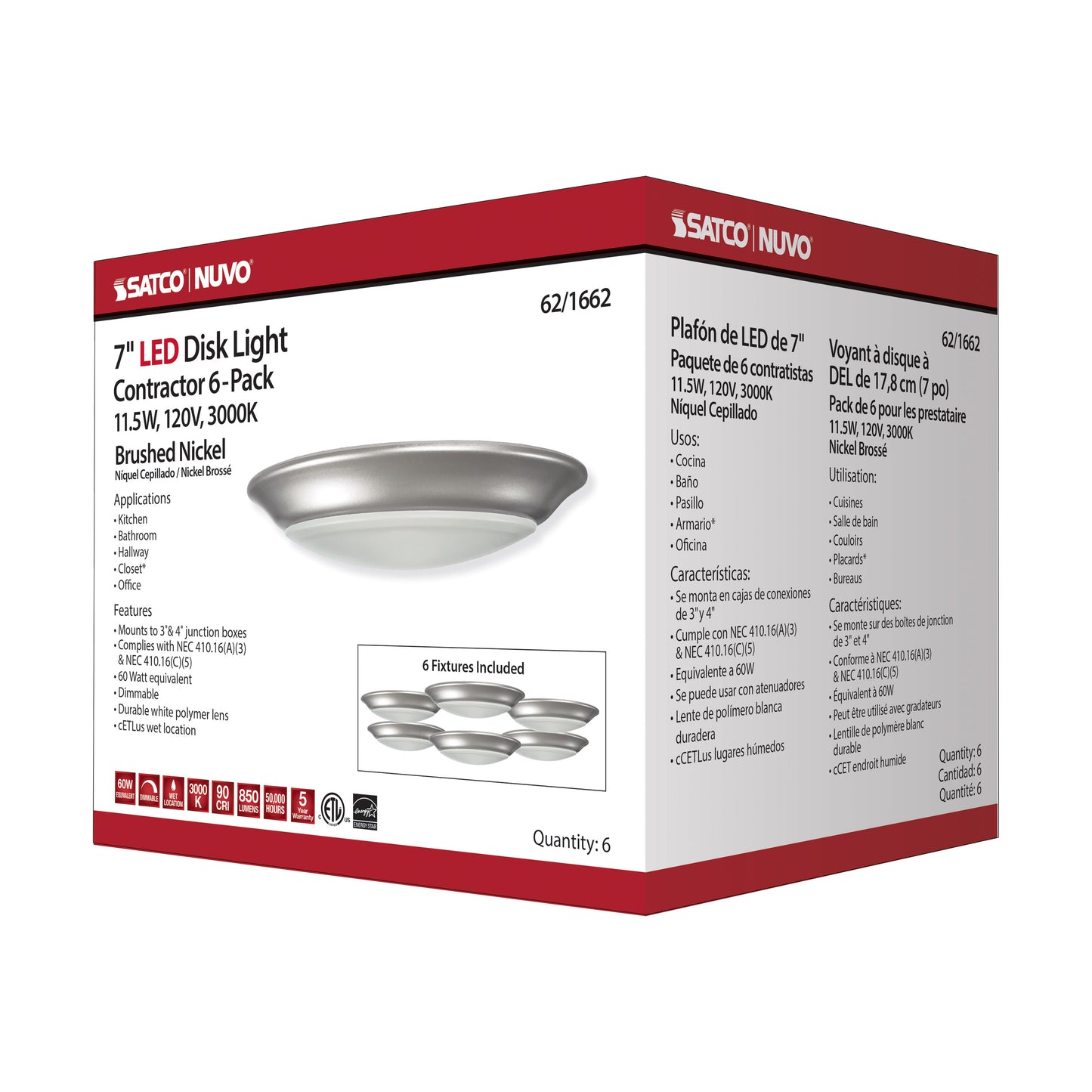 7" LED Disk Light; 3000K; 6 Unit Contractor Pack; Brushed Nickel Finish