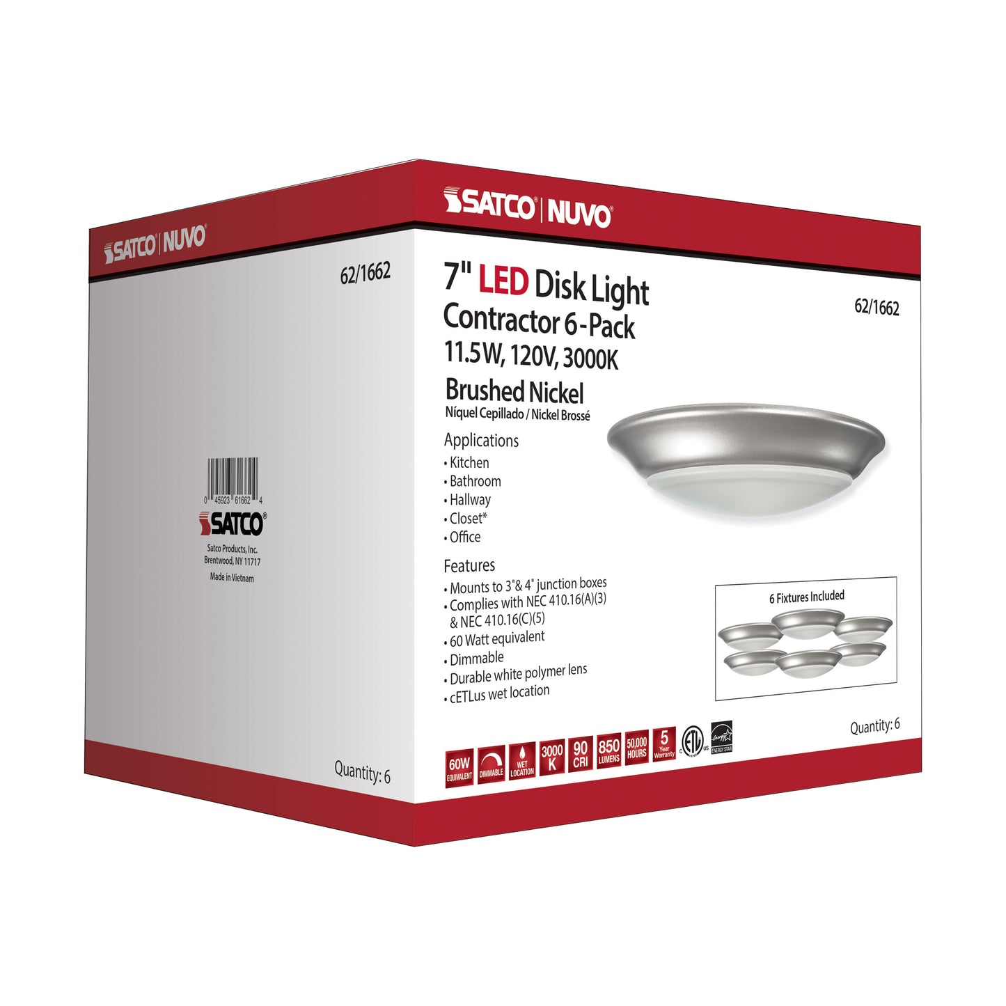 7" LED Disk Light; 3000K; 6 Unit Contractor Pack; Brushed Nickel Finish