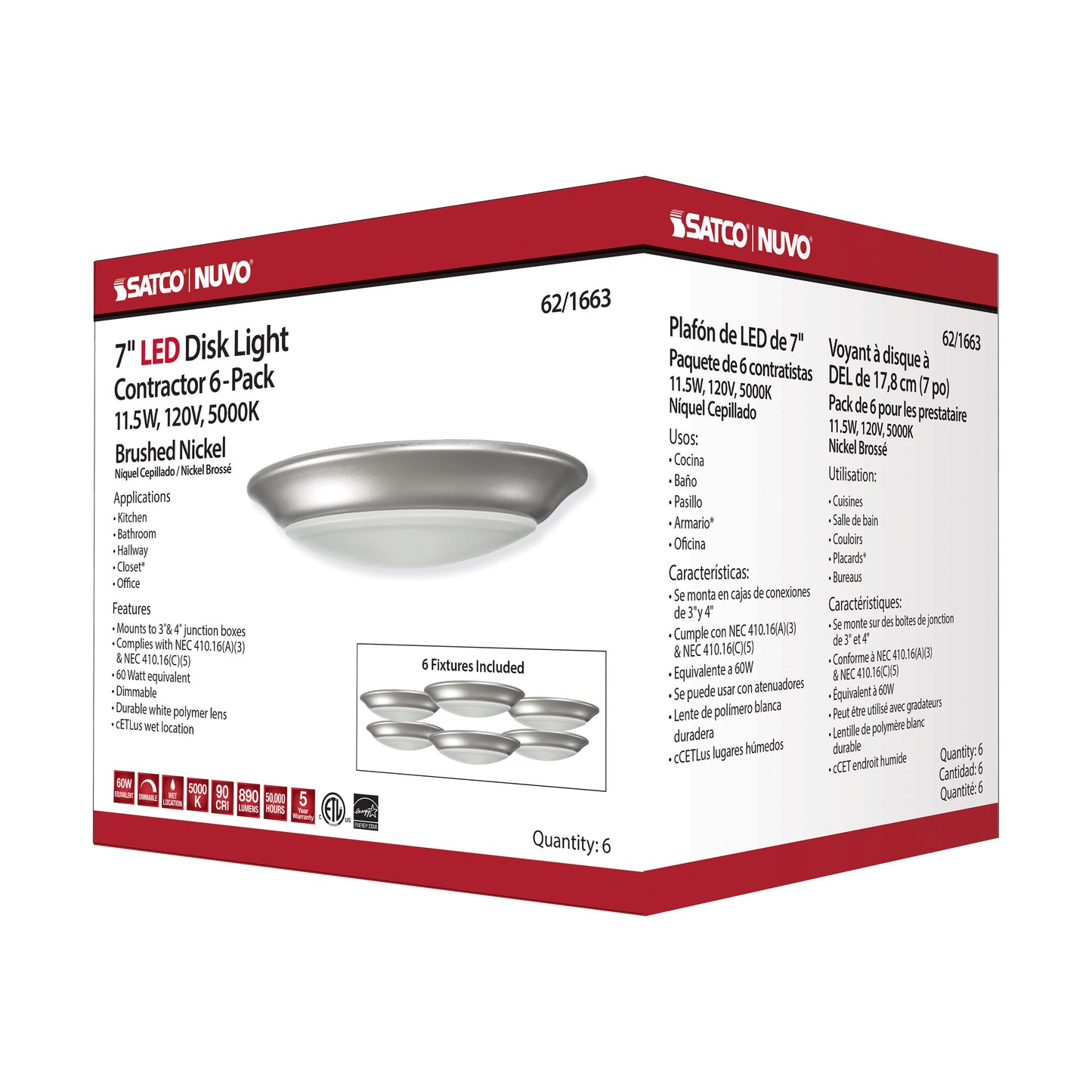 7" LED Disk Light; 5000K; 6 Unit Contractor Pack; Brushed Nickel Finish