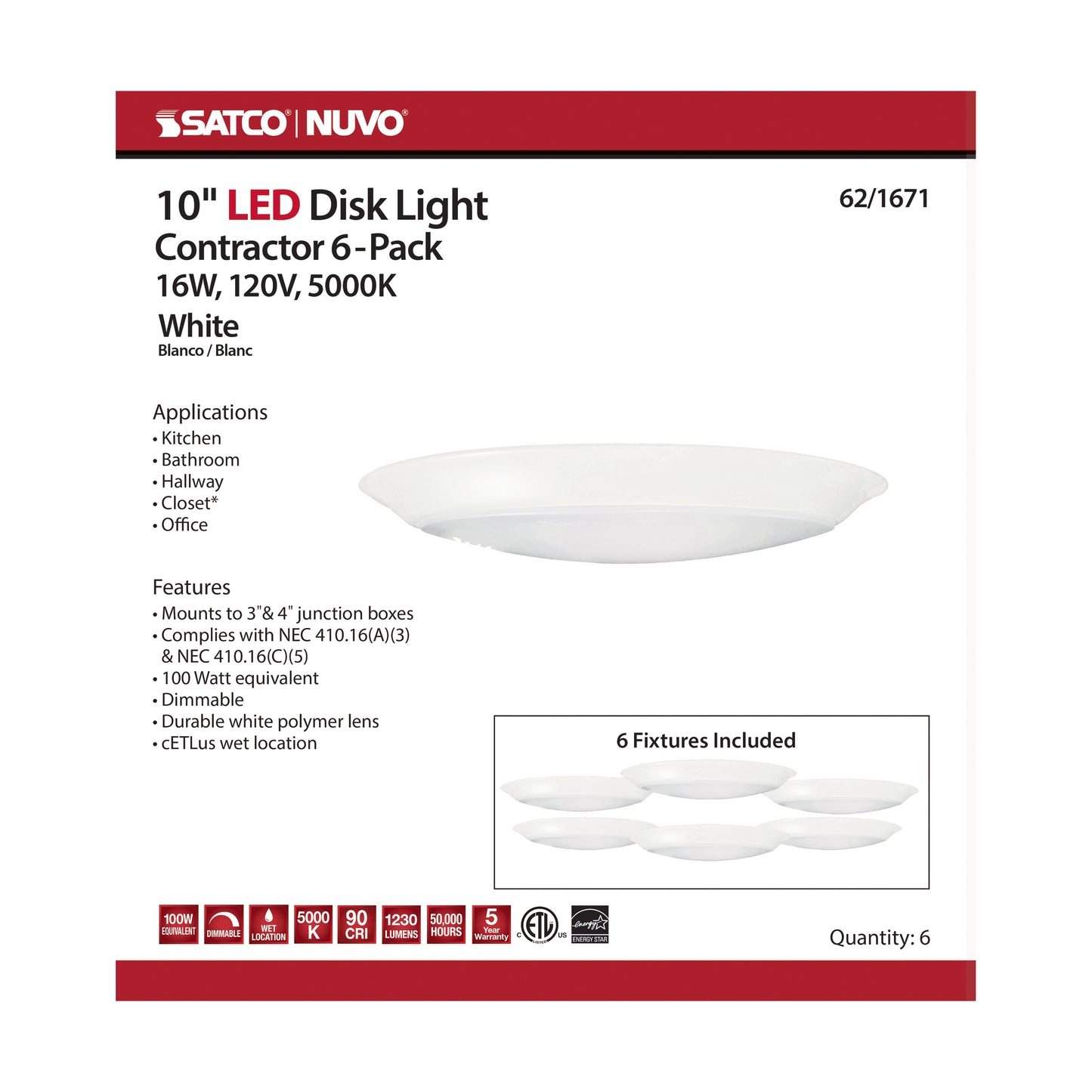 10" LED Disk Light; 5000K; 6 Unit Contractor Pack; White Finish