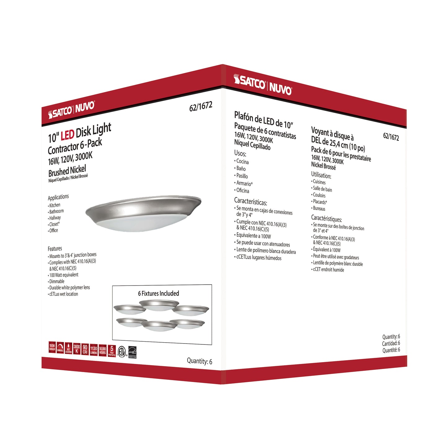 10" LED Disk Light; 3000K; 6 Unit Contractor Pack; Brushed Nickel Finish