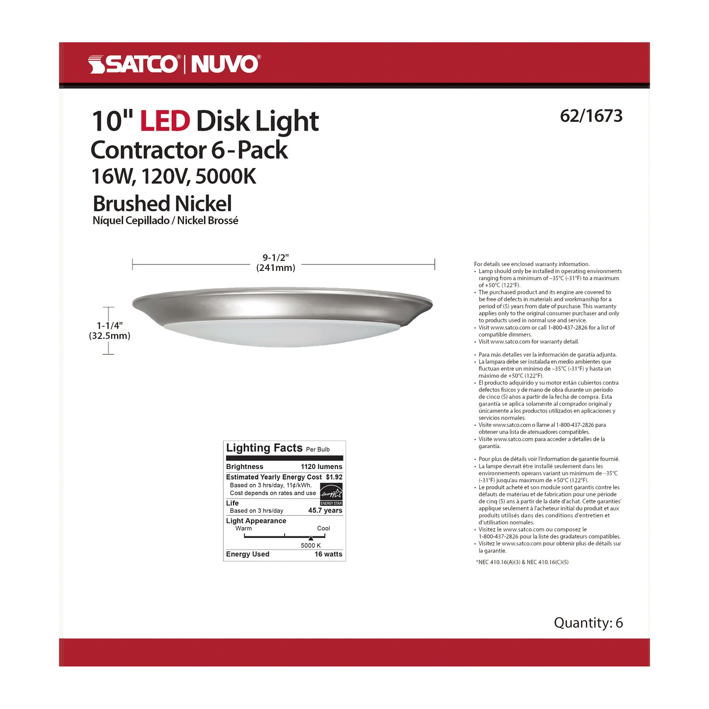10" LED Disk Light; 5000K; 6 Unit Contractor Pack; Brushed Nickel Finish