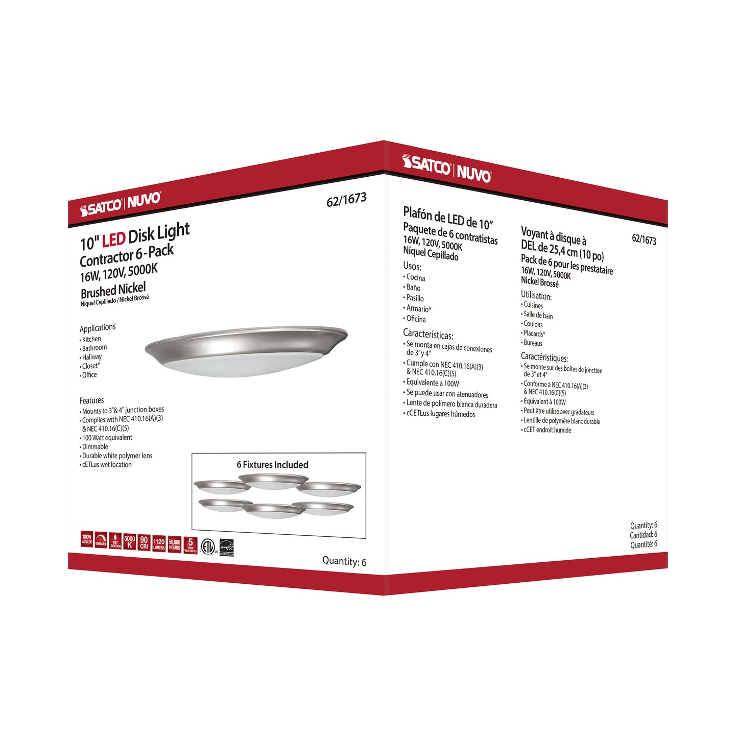 10" LED Disk Light; 5000K; 6 Unit Contractor Pack; Brushed Nickel Finish