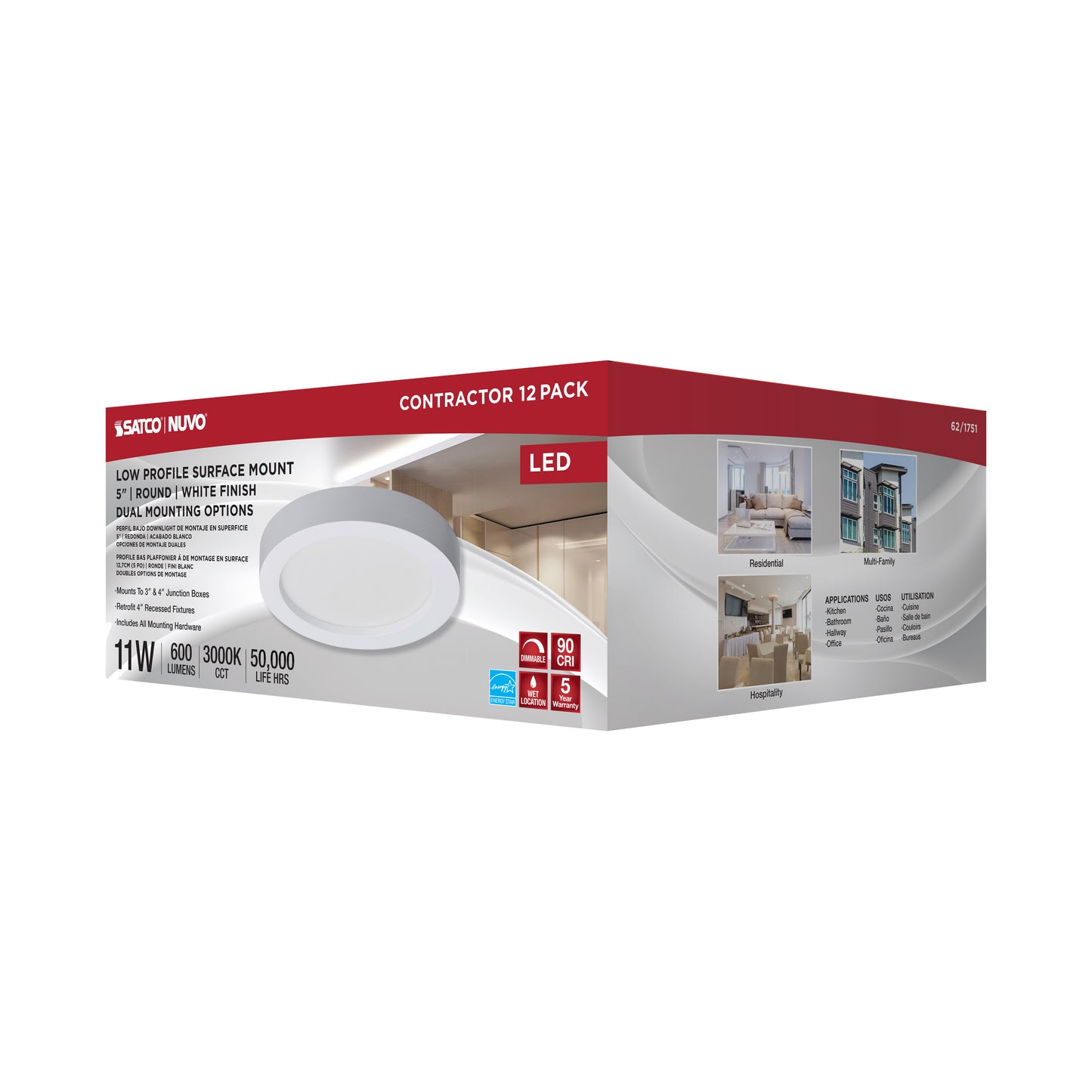 5" LED Flush Mount Fixture; Surface Mount; Round; 11W; 3000K; White Finish; 12pk