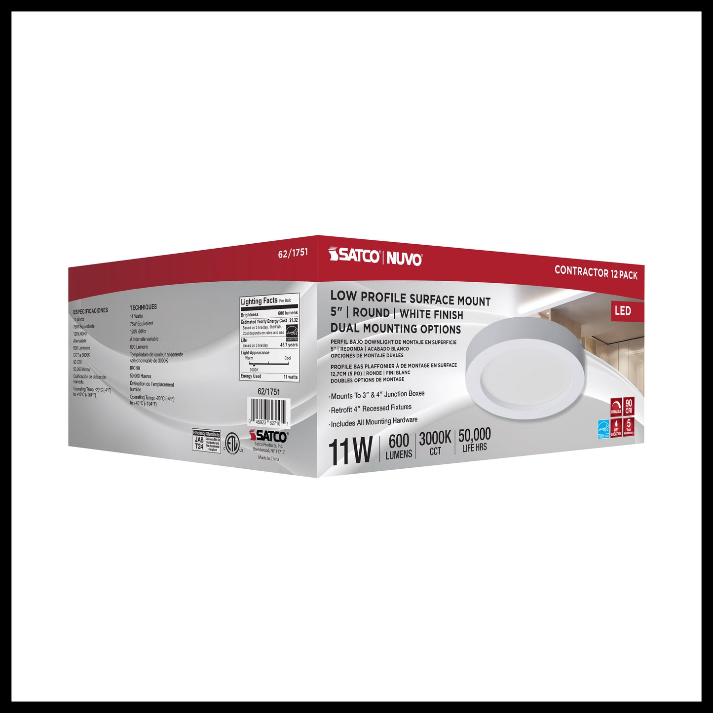5" LED Flush Mount Fixture; Surface Mount; Round; 11W; 3000K; White Finish; 12pk