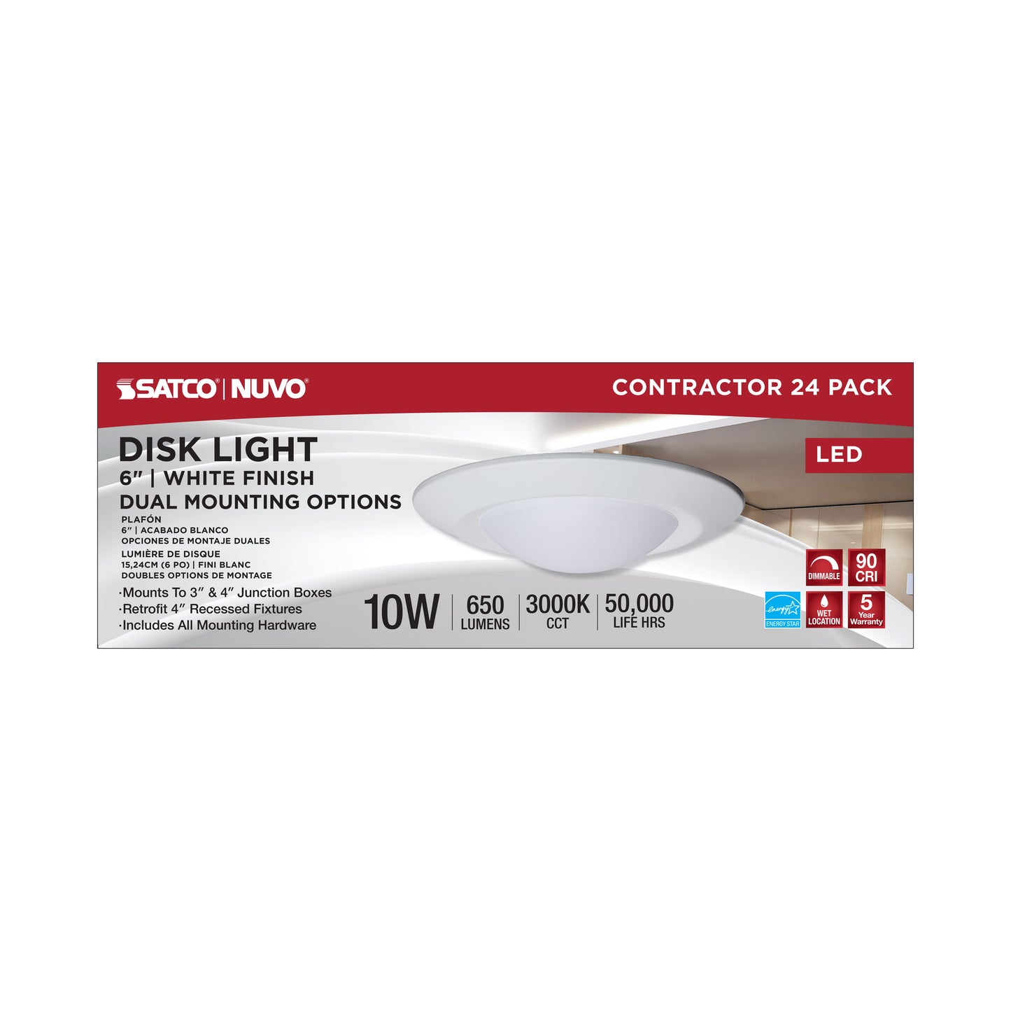 6" LED Flush Mount Fixture; Disk Light; Round; 10W; 3000K; White Finish; 24pk