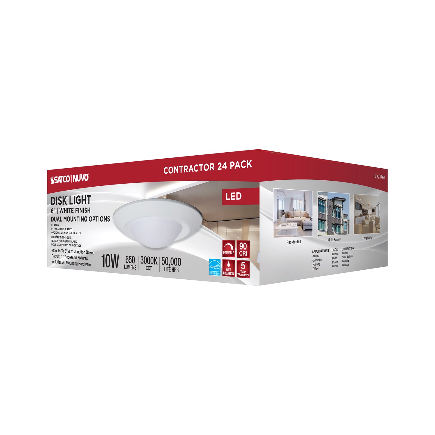 6" LED Flush Mount Fixture; Disk Light; Round; 10W; 3000K; White Finish; 24pk
