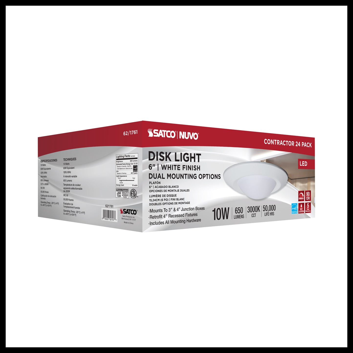 6" LED Flush Mount Fixture; Disk Light; Round; 10W; 3000K; White Finish; 24pk