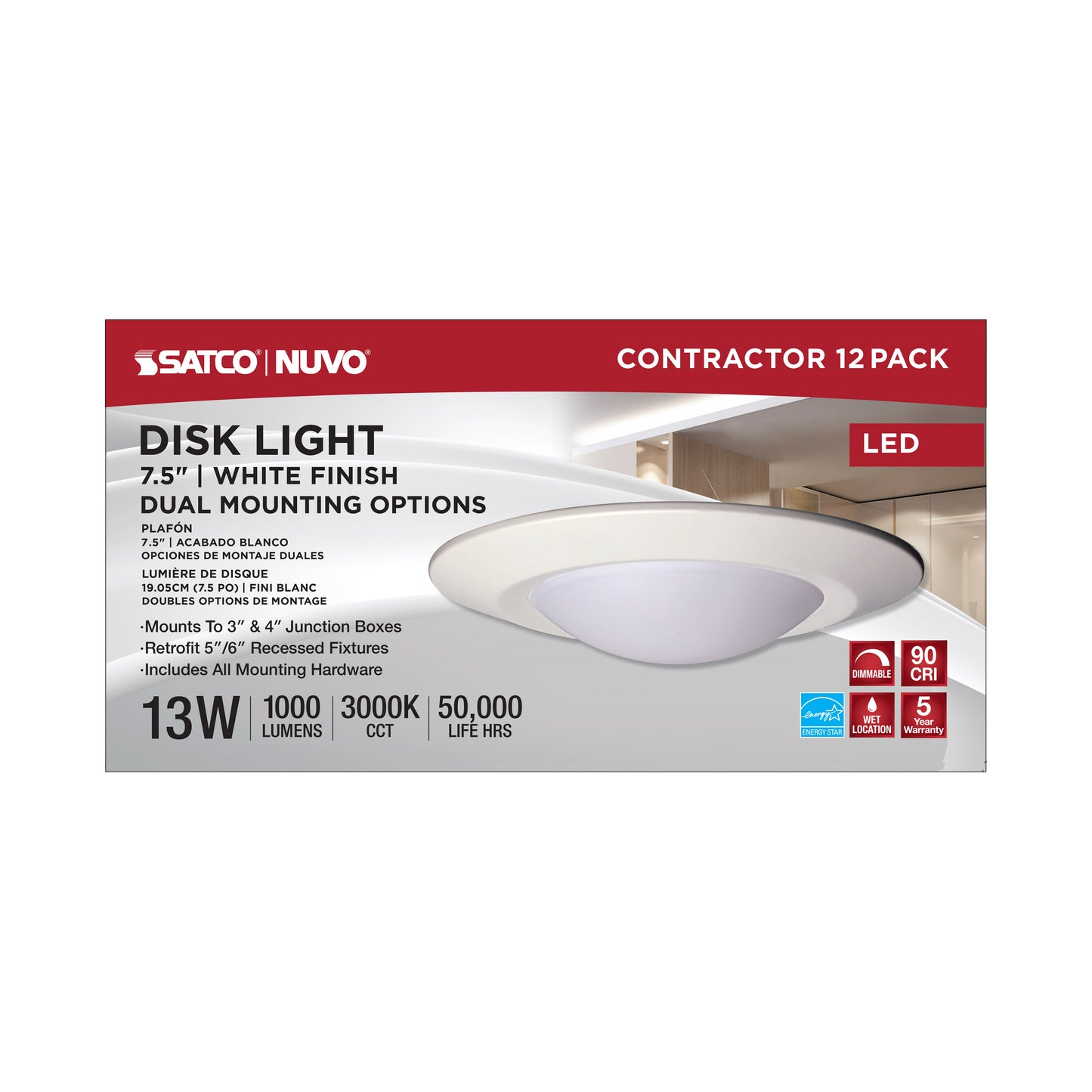 7.5" LED Flush Mount Fixture; Disk Light; Round; 13W; 3000K; White Finish; 12pk