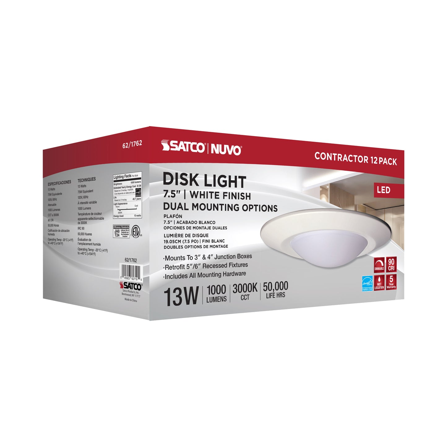 7.5" LED Flush Mount Fixture; Disk Light; Round; 13W; 3000K; White Finish; 12pk