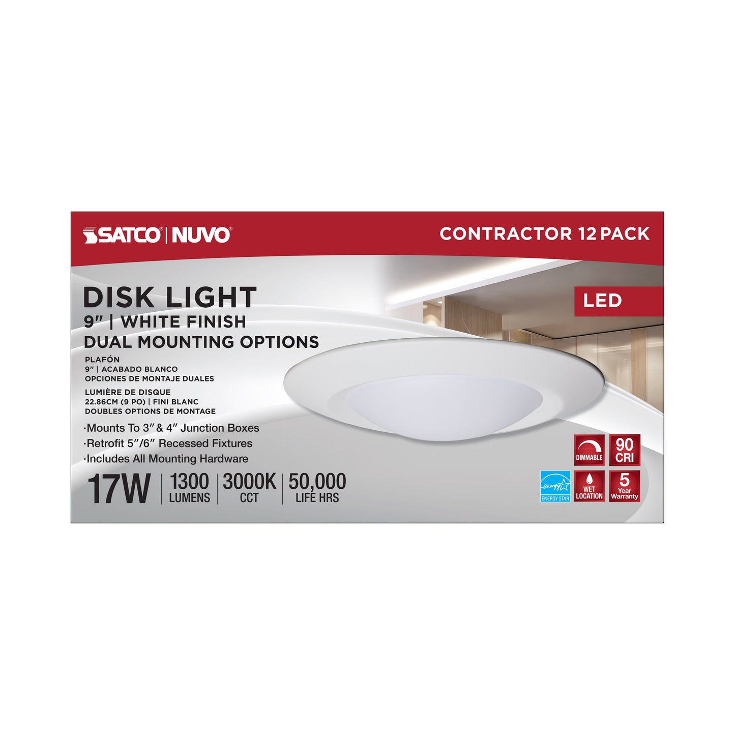 9" LED Flush Mount Fixture; Disk Light; Round; 17W; 3000K; White Finish; 12pk