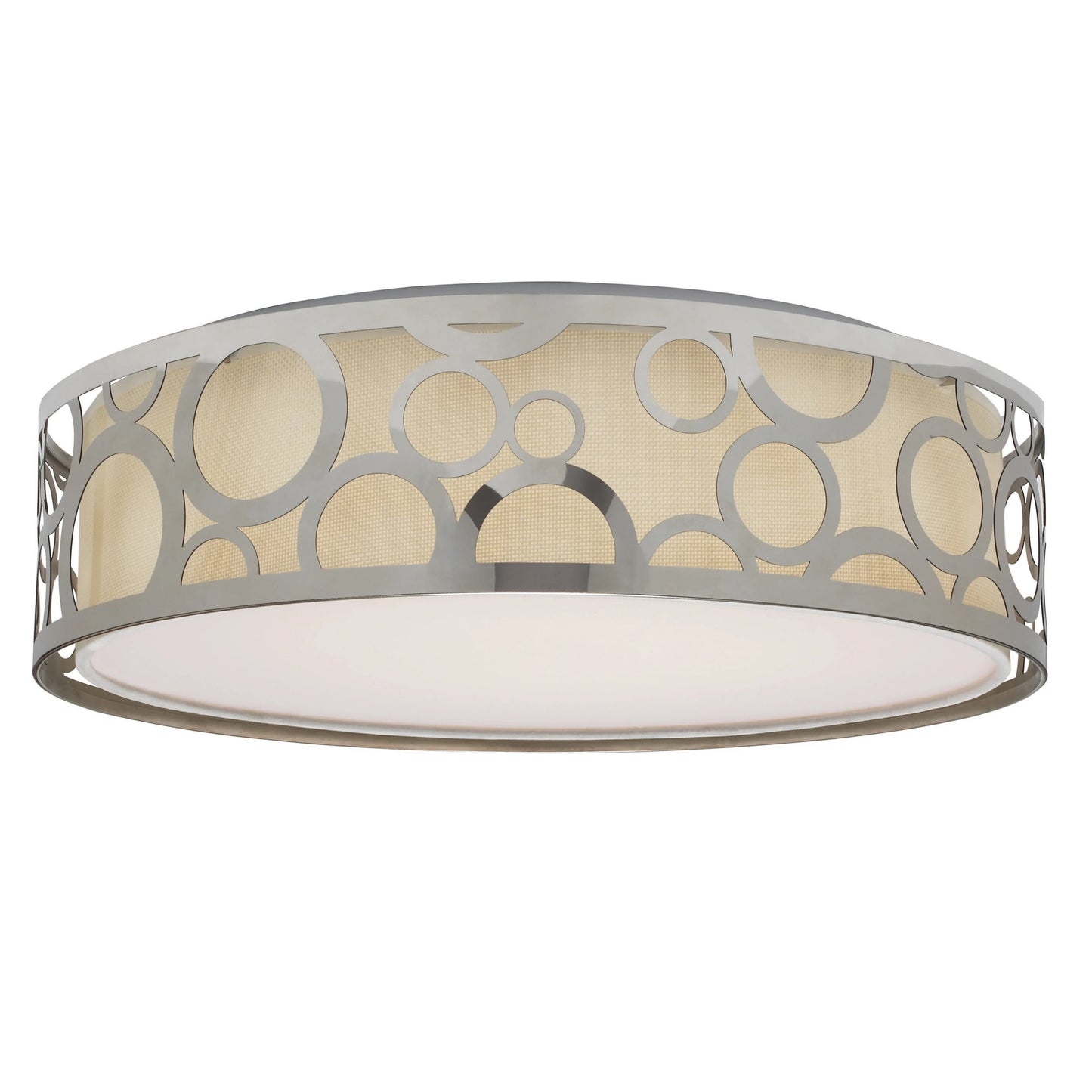 15" Filigree LED Decor Flush Mount Fixture - Polished Nickel Finish - White Fabric Shade