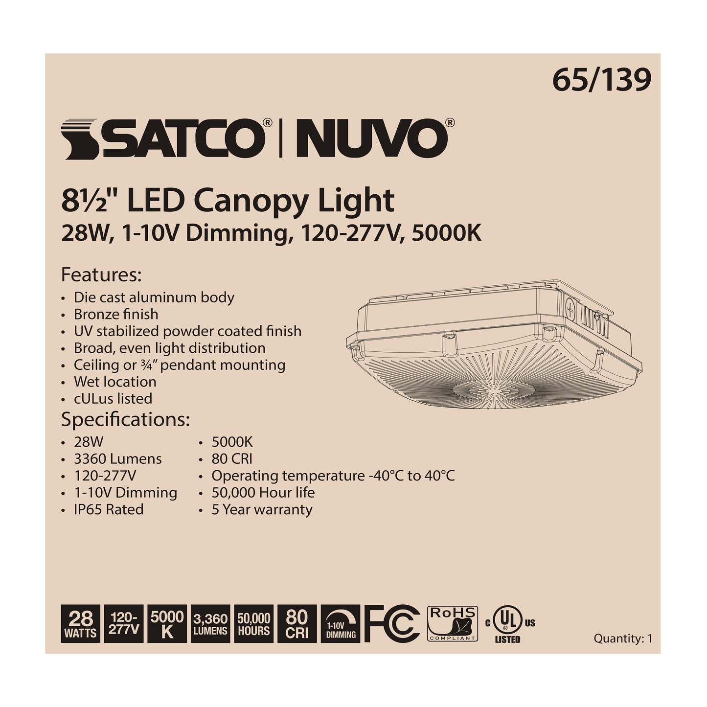 LED Canopy Light - 28W - 5000K - Bronze Finish - 120-277V