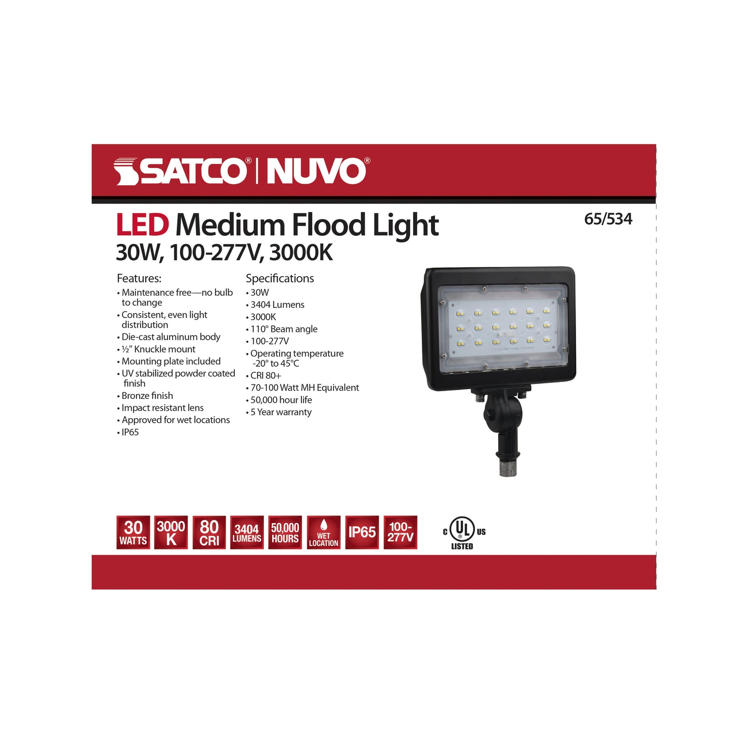 LED Medium Flood Light- 30W - 3000K - Bronze Finish - 100-277V