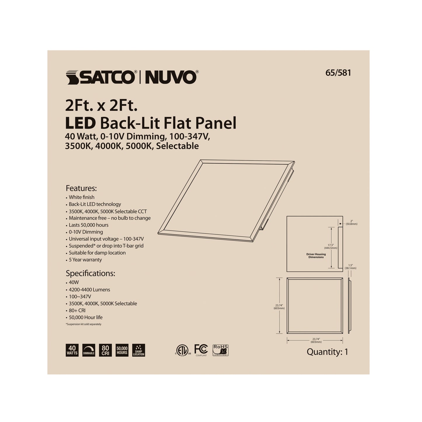 LED Backlit Flat Panel; 40W; 2 ft. x 2 ft.; Selectable CCT; 100-347 Volt