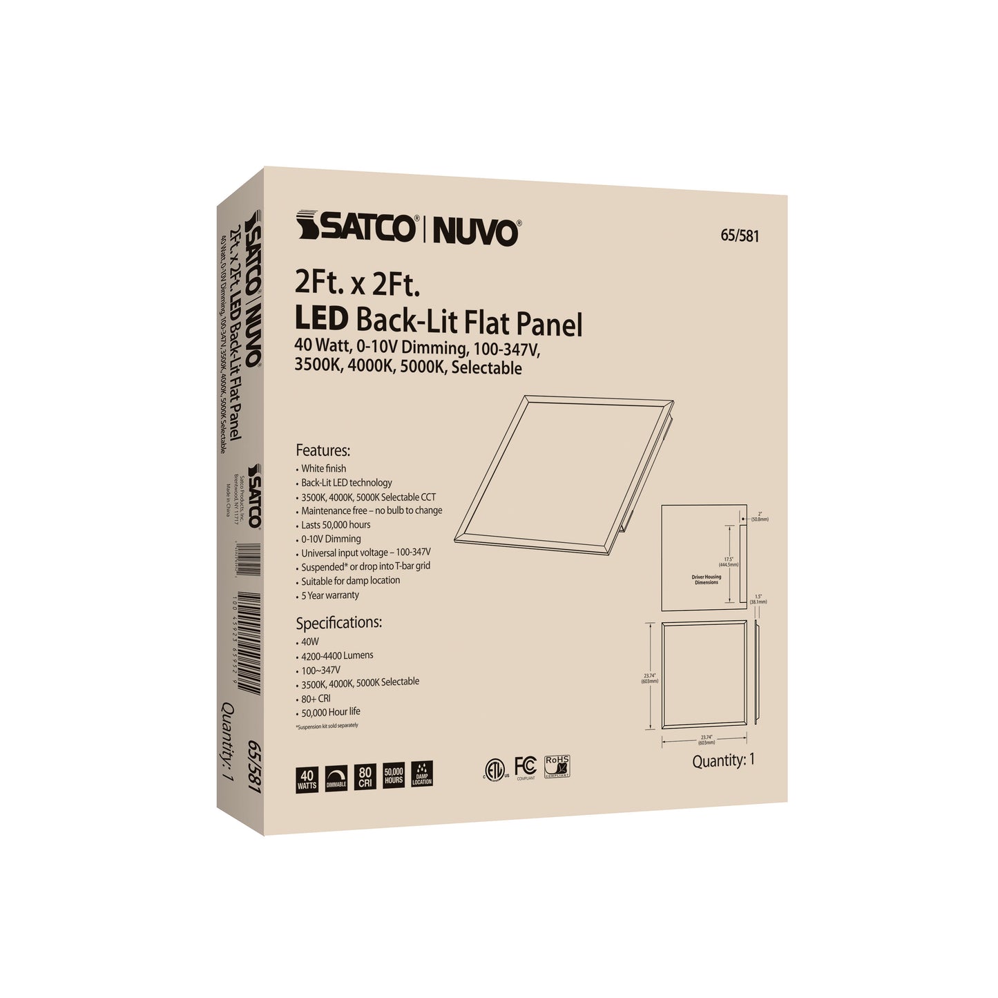 LED Backlit Flat Panel; 40W; 2 ft. x 2 ft.; Selectable CCT; 100-347 Volt