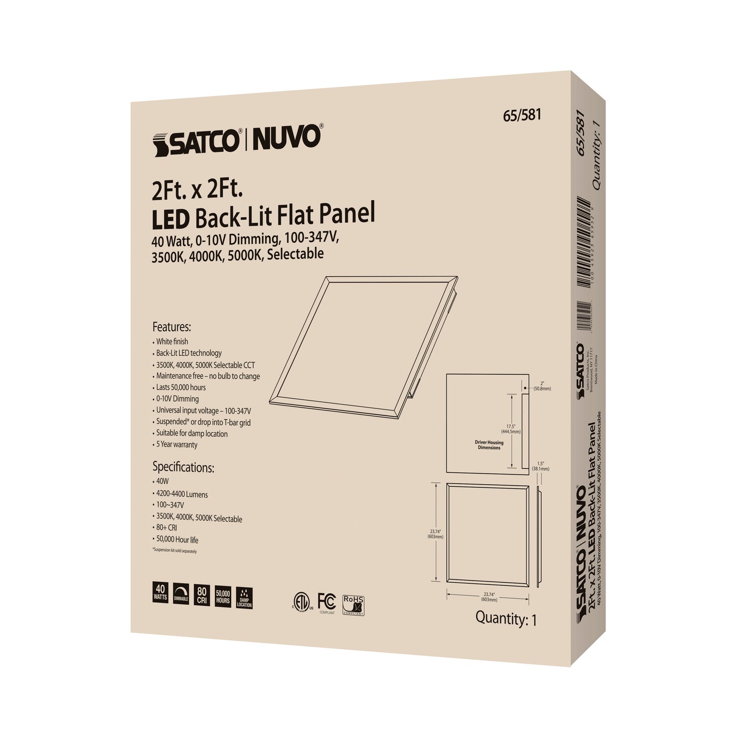 LED Backlit Flat Panel; 40W; 2 ft. x 2 ft.; Selectable CCT; 100-347 Volt