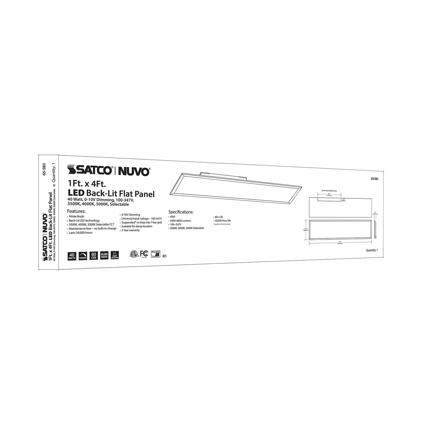 LED Backlit Flat Panel; 40W; 1 Foot x 4 Foot; CCT Selectable ; 100-347 Volt