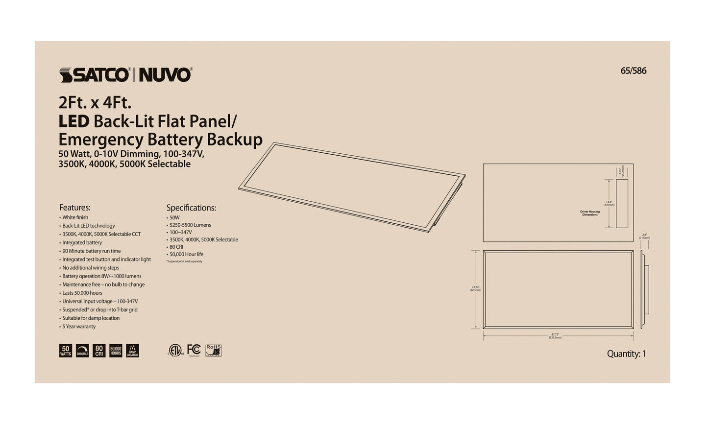 LED Emergency Backlit Flat Panel; 50W; 2 ft. x 4 ft.; Selectable CCT; 100-347 Volt