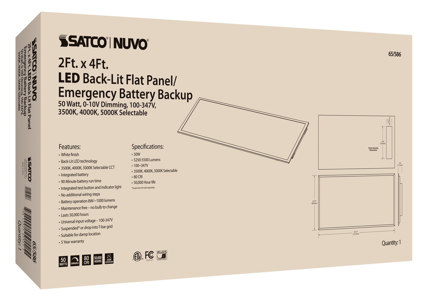 LED Emergency Backlit Flat Panel; 50W; 2 ft. x 4 ft.; Selectable CCT; 100-347 Volt