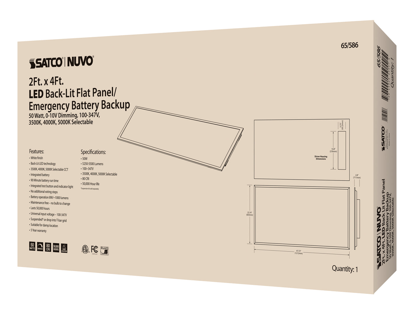 LED Emergency Backlit Flat Panel; 50W; 2 ft. x 4 ft.; Selectable CCT; 100-347 Volt